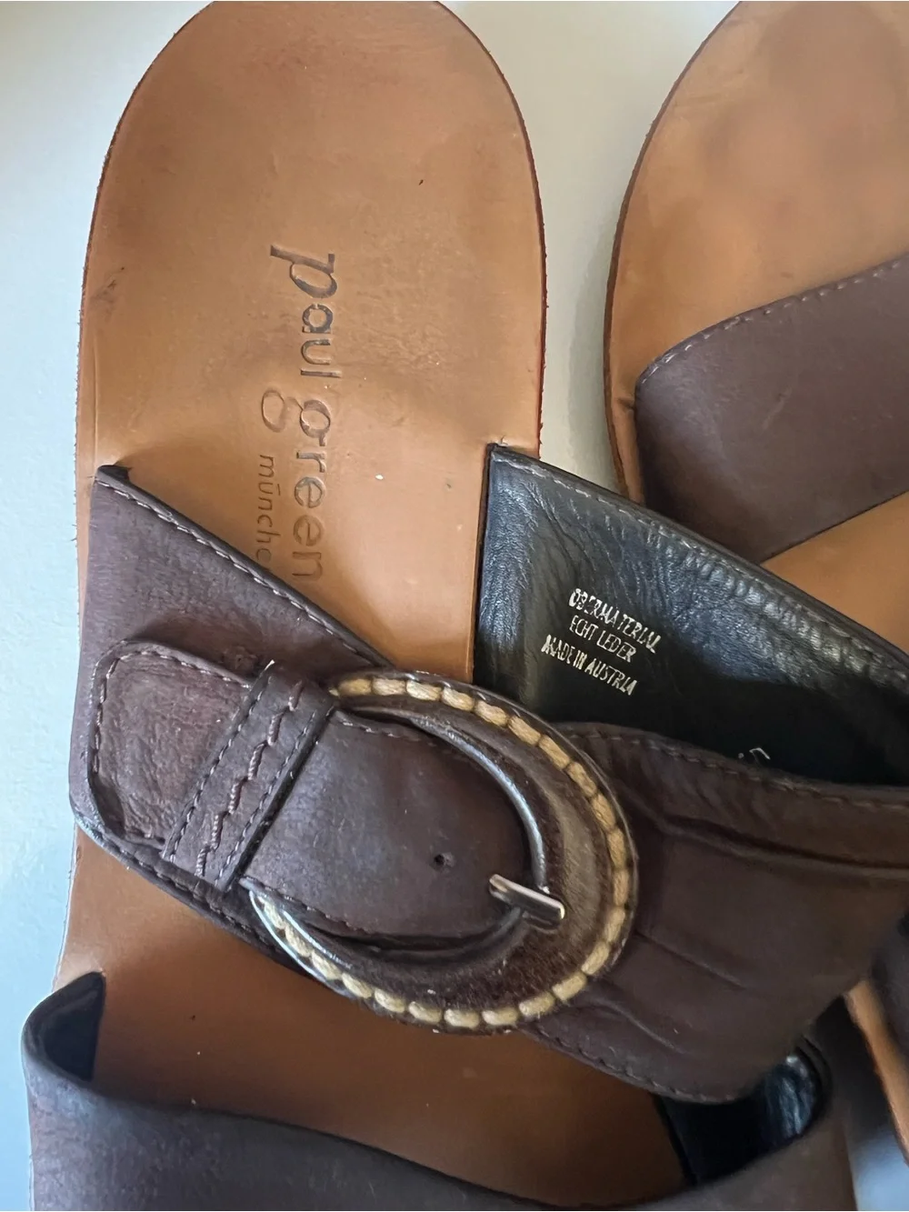 Paul Green Brown Leather Slide Sandals with Buckle